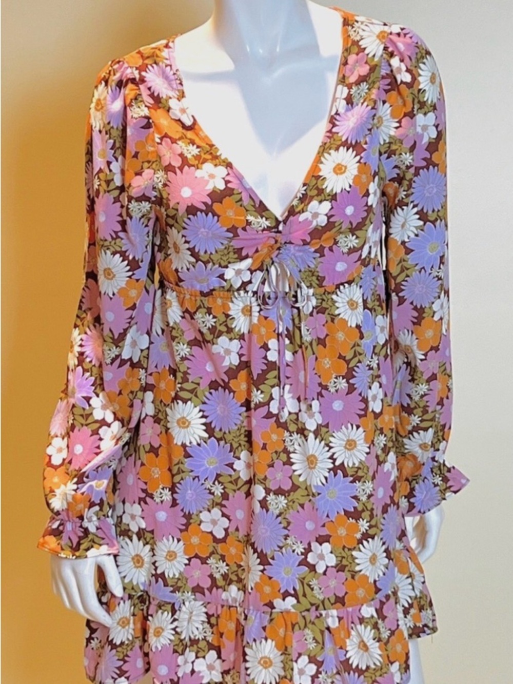 Floral Midi Dress with Tie Front in Pink & Orange
